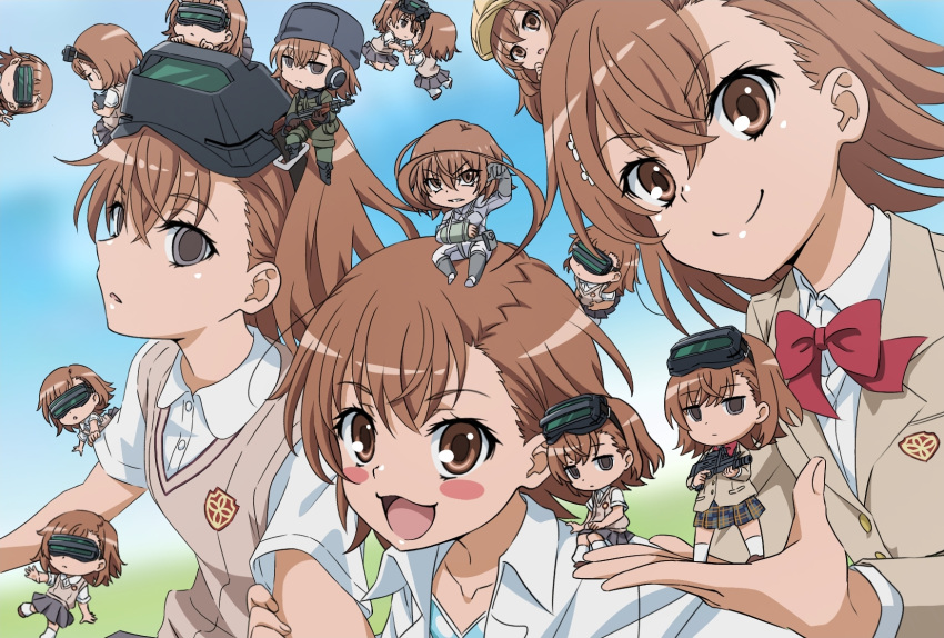 6+girls b_lovkl blush broken_arm brown_eyes brown_hair clone dolly_(toaru_kagaku_no_railgun) goggles goggles_on_head hat highres holding holding_weapon last_order_(toaru_majutsu_no_index) looking_at_viewer military_uniform misaka_imouto misaka_mikoto misaka_worst multiple_girls open_mouth ribbon school_uniform smile staring toaru_kagaku_no_railgun toaru_majutsu_no_index tokiwadai_school_uniform uniform weapon