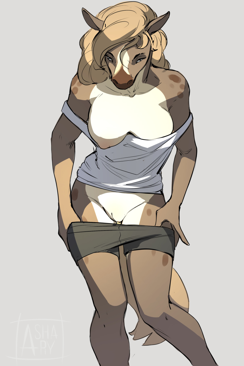 absurd_res anthro ashary black_clothing black_panties black_underwear blonde_hair breasts brown_body brown_fur clothed clothing equid equine exposed_breasts female fur genitals hair hand_on_panties head_down hi_res horse long_hair looking_down_at_self male mammal panties panties_down partially_clothed pussy shirt solo t-shirt topwear underwear underwear_down white_body white_clothing white_fur white_shirt white_t-shirt white_topwear