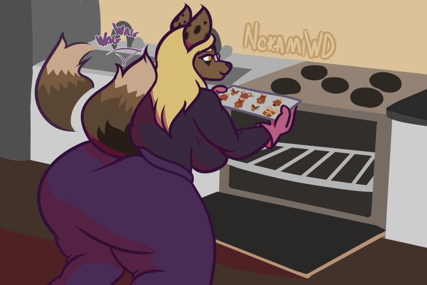 anthro baking big_breasts big_butt breasts butt christmas clothed clothing cookie female food hi_res holidays huge_breasts huge_butt nokamiwd simple_background solo tail tail_motion tailwag thick_thighs wide_hips