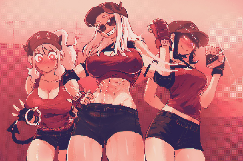 3girls abs alternate_costume arm_behind_back azazel_(helltaker) black_gloves black_hair black_shorts camera cuffs demon demon_girl demon_horns demon_tail gloves handcuffs helltaker highres holding holding_camera horns justice_(helltaker) modeus_(helltaker) multiple_girls muscular muscular_female red_eyes red_gloves red_shirt shirt shorts smile spoiledmuffin sunglasses tail white_hair