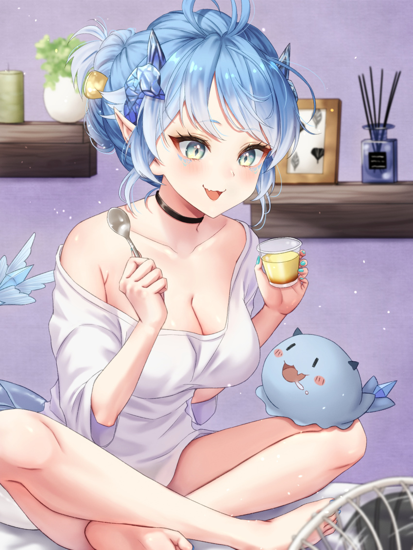 1girl absurdres ahoge aqua_eyes aqua_nails blue_hair blue_horns breasts choker cleavage collarbone commission electric_fan fangs hair_bun highres holding horns indian_style indie_virtual_youtuber indoors light_blue_hair mary_is_mine medium_breasts naked_shirt nightgown open_mouth oversized_clothes paroniie_(vtuber) pointy_ears scales shirt single_bare_shoulder sitting skeb_commission smile swept_bangs tail virtual_youtuber white_nightgown