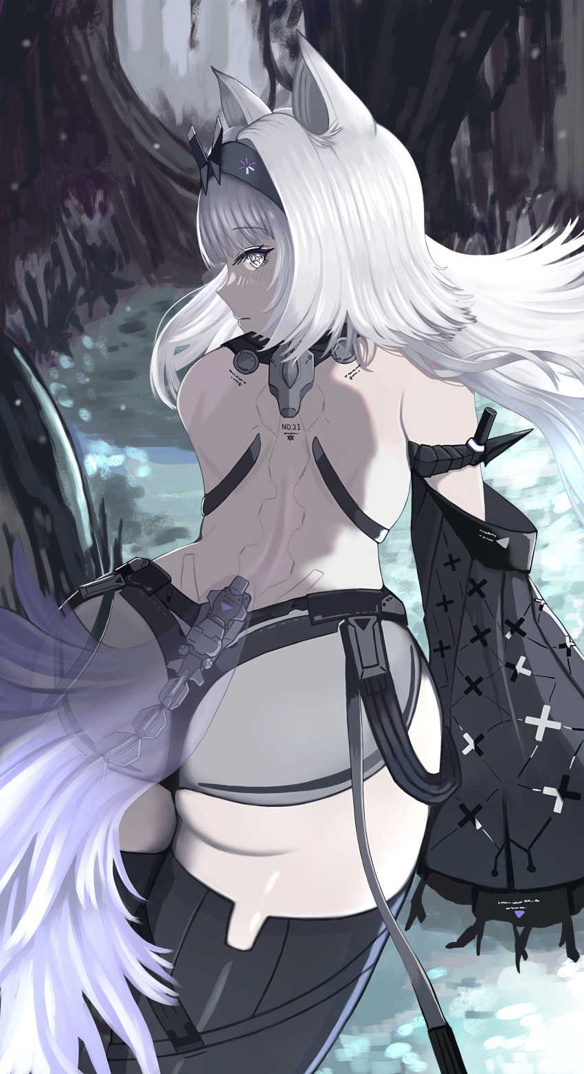 1girl absurdres animal_ears ass black_hairband black_sleeves black_thighhighs character_name cross-shaped_pupils detached_sleeves grey_eyes grey_hair hair_intakes hairband highres long_hair long_sleeves looking_at_viewer looking_back mechanical_parts mechanical_tail no.21:_feral_scent_(punishing:_gray_raven) no.21_(punishing:_gray_raven) punishing:_gray_raven solo subdermal_port symbol-shaped_pupils tail thighhighs wide_sleeves wolf_ears wolf_tail yuzexit565