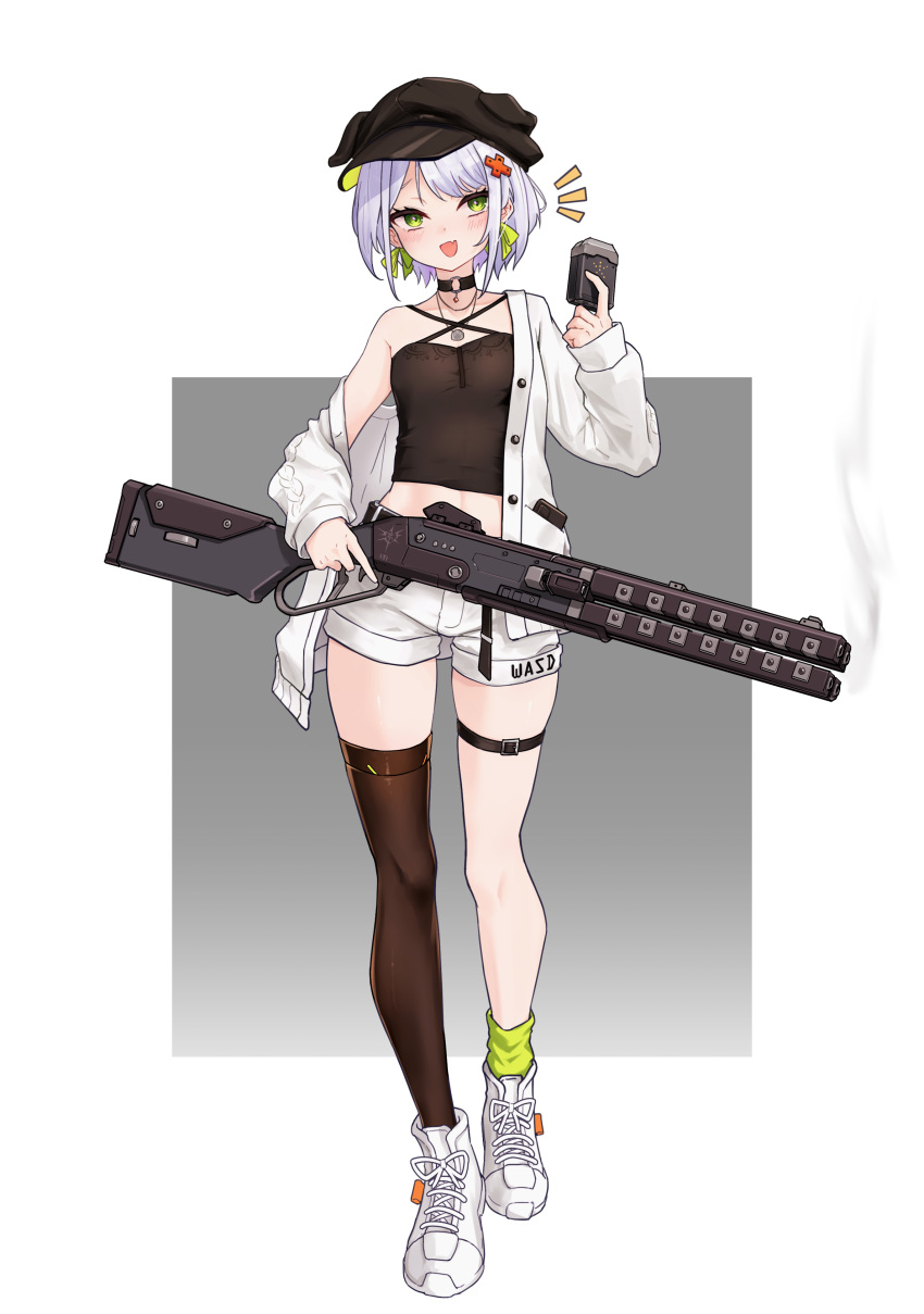 .live 1girl absurdres belt blue_eyes blush casual character_request earrings full_body green_eyes gun hair_ornament hat highres jacket jewelry looking_at_viewer magazine_(weapon) midriff necklace shoes shorts shotgun single_thighhigh solo thighhighs virtual_youtuber voizerick weapon white_background