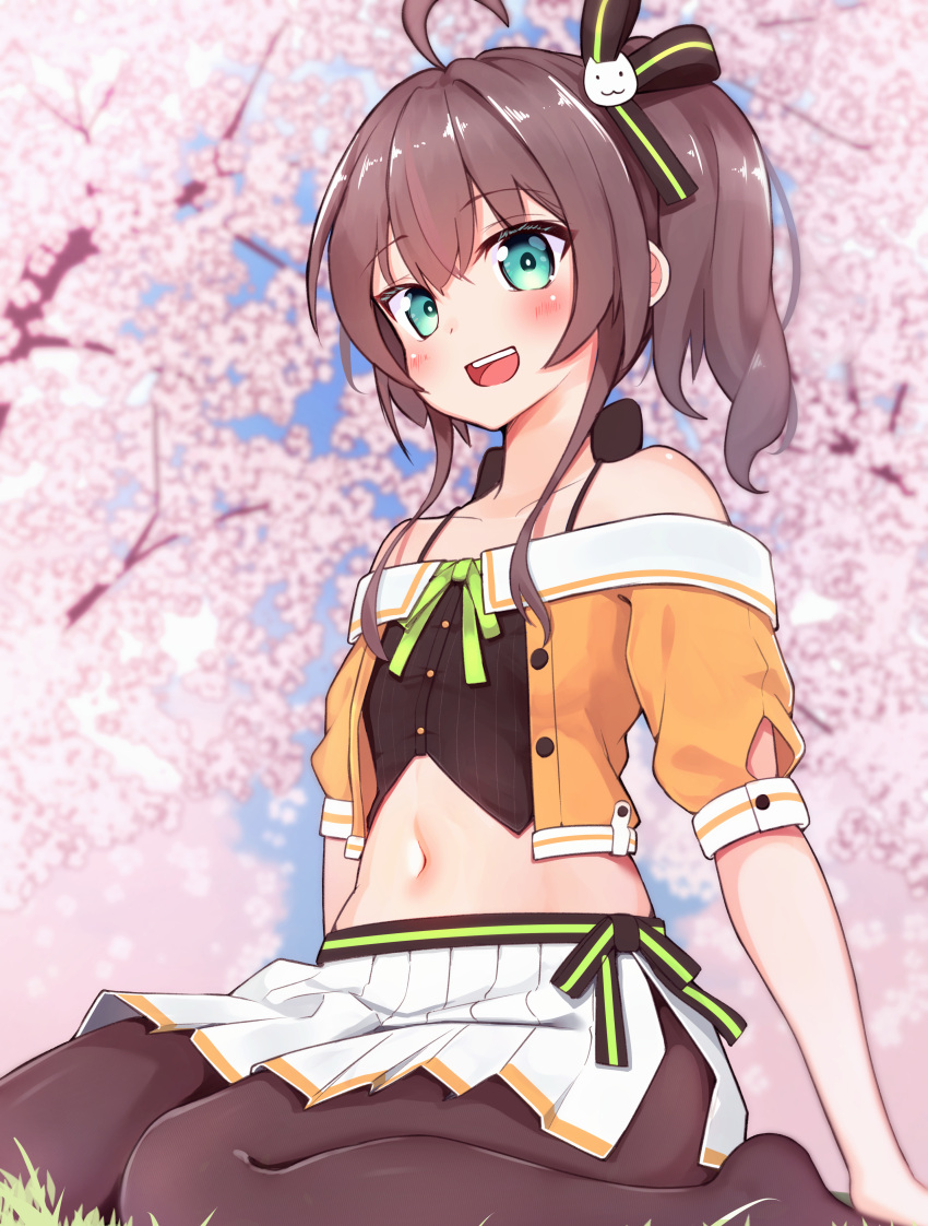 1girl :d absurdres ahoge aqua_eyes arms_at_sides bare_shoulders black_bow black_shirt blurry blurry_background blush bow brown_hair brown_pantyhose buttons cat_hair_ornament cherry_blossoms crop_top cropped_jacket day from_side hair_between_eyes hair_ornament highres hololive jacket medium_hair midriff miniskirt natsuiro_matsuri navel off-shoulder_jacket off_shoulder ontake2009 open_clothes open_jacket outdoors pantyhose pleated_skirt ponytail shirt short_sleeves sidelocks sitting skirt smile solo spaghetti_strap teeth tongue tree upper_teeth_only virtual_youtuber white_skirt yellow_jacket