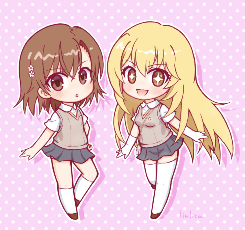 2girls :d :o blonde_hair brown_eyes brown_sweater_vest chibi flower gloves hair_between_eyes hair_flower hair_ornament highres linlica long_hair looking_at_viewer miniskirt misaka_mikoto multiple_girls open_mouth pink_background school_emblem school_uniform shokuhou_misaki short_hair short_sleeves sidelocks simple_background skirt smile sparkling_eyes summer_uniform sweater_vest thighhighs toaru_kagaku_no_railgun toaru_majutsu_no_index tokiwadai_school_uniform very_long_hair white_gloves white_thighhighs