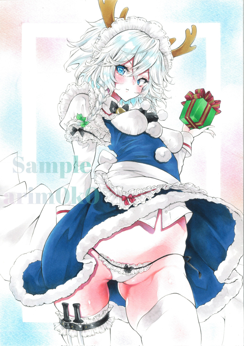 1girl absurdres antlers arim0k0 artist_name ass_visible_through_thighs blue_eyes braid breasts christmas_present closed_mouth commentary deer_antlers fur_trim gift grey_hair highres izayoi_sakuya juliet_sleeves knife long_sleeves looking_at_viewer maid maid_headdress medium_hair multicolored_background panties pom_pom_(clothes) puffy_sleeves sample_watermark side_braids solo thighhighs touhou traditional_media twin_braids underwear watermark weapon_in_garters white_panties white_thighhighs
