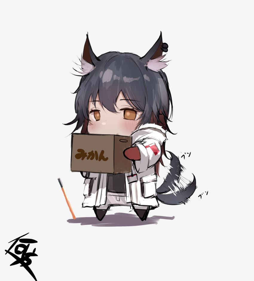 1girl afterimage animal_ear_fluff animal_ear_piercing animal_ears arknights artist_name black_hair black_pantyhose black_shirt black_tail blush box brown_eyes cardboard_box chibi coat colored_inner_hair commentary_request covered_mouth donata_(donatasama) doodles double-parted_bangs from_side full_body fur-trimmed_coat fur-trimmed_hood fur_trim gloves grey_shorts hair_between_eyes hands_up hatching_(texture) highres holding holding_box hood hood_down hooded_coat hoop_piercing id_card invisible_floor linear_hatching long_hair long_sleeves looking_afar looking_ahead motion_lines multicolored_hair no_nose no_shoes official_alternate_costume open_clothes open_coat pantyhose piercing planted planted_sword pocket red_gloves red_hair shadow shirt short_shorts shorts signature simple_background solo standing straight_hair sword tail tail_wagging texas_(arknights) texas_(winter_messenger)_(arknights) translation_request two-tone_hair very_long_hair weapon white_background white_coat white_hood wide_sleeves wolf_ears wolf_girl wolf_tail