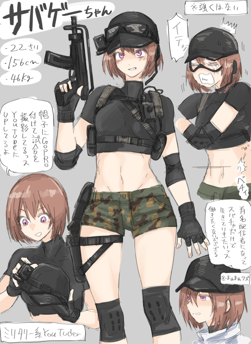 1girl action_camera airsoft baseball_cap breasts brown_hair camouflage fingerless_gloves fuku_(fuku12290574) gloves goggles goggles_on_headwear gun hat headset highres knee_pads large_breasts midriff military navel original pink_eyes short_hair short_shorts shorts simple_background skorpion_vz._61 submachine_gun translated video_camera weapon