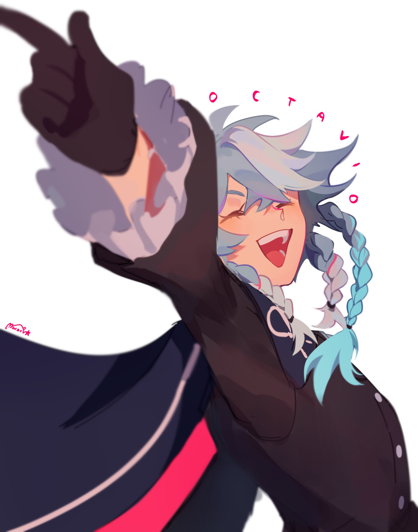 1boy absurdres arm_up black_gloves blue_hair blurry blurry_foreground blush character_name closed_eyes english_commentary foreshortening frilled_sleeves frills gloves grey_hair hair_between_eyes highres holostars holostars_english jacket jacket_on_shoulders long_hair male_focus mararu octavio open_mouth pointing signature smile solo teeth tri_braids upper_body upper_teeth_only virtual_youtuber white_background