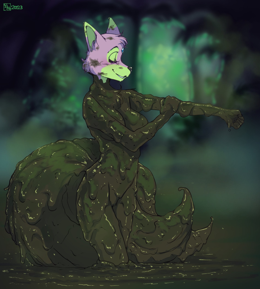 2023 anthro blurred_background breasts canid canine chest_tuft doronkomajo eyebrows eyelashes eyes_closed female fox fur glistening hi_res inner_ear_fluff mammal mud mud_bath muddy multi_tail nude outside pink_body pink_fur plant shoulder_tuft smile solo swamp tail tree tuft