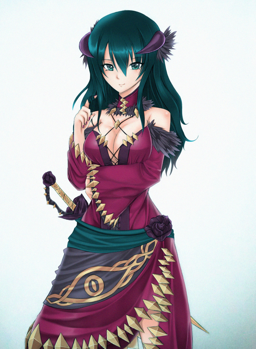 1girl absurdres black_flower black_rose breasts cleavage_cutout clothing_cutout demon_horns detached_sleeves double-parted_bangs dress flower flower_ornament green_eyes green_hair hair_between_eyes highres horns large_breasts long_hair looking_at_viewer notejhay original rapier rose simple_background solo sword weapon white_background