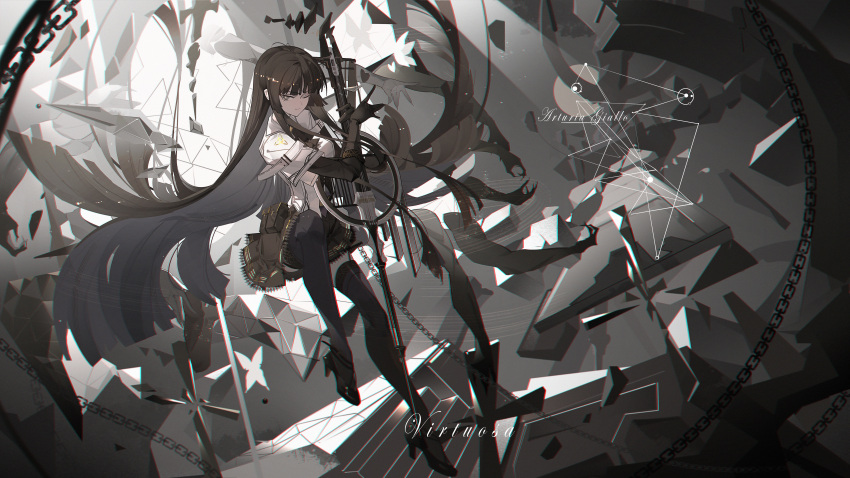 1girl abstract_background absurdly_long_hair absurdres antenna_hair arknights ascot belt belt_buckle belt_pouch black_ascot black_belt black_bustier black_footwear black_garter_straps black_gloves black_hair black_halo black_pouch black_skirt black_thighhighs blunt_bangs blurry blurry_background breasts bright_pupils broken_halo buckle bustier buttons cello chain character_name chinese_commentary chromatic_aberration closed_mouth collared_jacket colored_inner_hair commentary_request cursive dark_halo debris depth_of_field detached_wings dress_shirt energy_wings film_grain floating floating_hair from_side full_body garter_straps gloves grey_eyes grey_hair grey_shirt grey_wings hair_flowing_over halo hands_up high_heels highres hime_cut holding holding_instrument holding_violin instrument jacket knee_up knees krao layered_sleeves legs light_particles light_smile long_hair long_sleeves looking_at_viewer looking_to_the_side medium_breasts miniskirt mole mole_under_eye multicolored_hair multiple_belts multiple_hands one_eye_closed originium_arts_(arknights) pale_skin pleated_skirt pouch shade shadow shiny_footwear shirt short_over_long_sleeves short_sleeved_jacket short_sleeves sidelocks skirt solo spotlight straight_hair strappy_heels thighhighs two-tone_hair v-shaped_eyebrows very_long_hair violin virtuosa_(arknights) white_background white_belt white_jacket white_pupils wide_sleeves wing_collar wings zettai_ryouiki