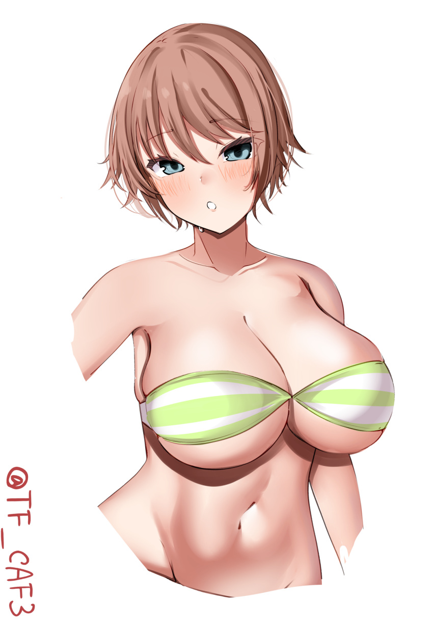 1girl alternate_costume armpits bare_shoulders bikini blue_eyes blush breasts brown_hair cleavage commentary_request green_bikini groin hair_between_eyes hiei_(kancolle) highres kantai_collection large_breasts looking_at_viewer navel no_headgear parted_lips simple_background solo strapless strapless_bikini striped striped_bikini swimsuit tf_cafe twitter_username upper_body white_background