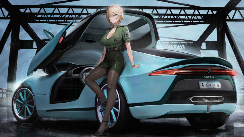 1girl absurdres alina_novikov belt blonde_hair blue_eyes breasts bridge brown_belt car character_name collared_shirt concept_art green_shirt green_skirt grey_sky hatch headlights high_heels highres kcar66t large_breasts leaning_against_vehicle legs license_plate looking_at_viewer medal military_uniform motor_vehicle name_tag open_door open_hatch plate rain road russian_text saab saab_aero_x shirt short_hair short_sleeves skirt sky solo steering_wheel tatakau_ataisuru tattoo thighhighs tomboy uniform watch wristwatch