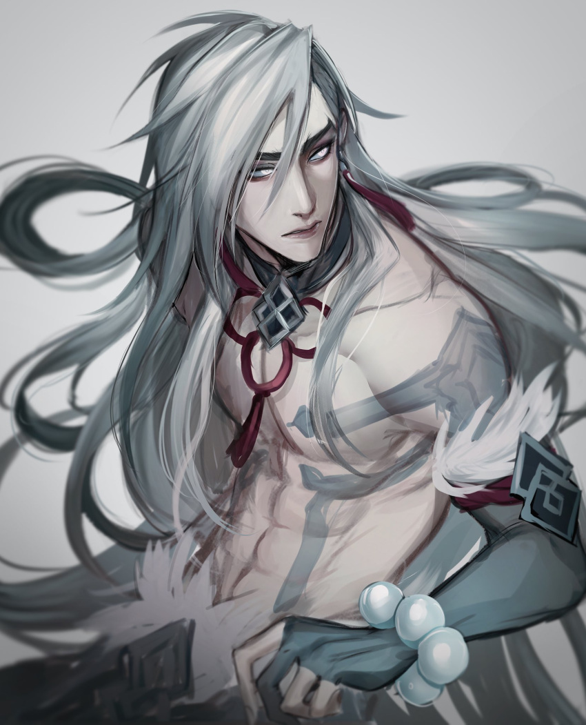 1boy closed_mouth earrings english_commentary grey_background hair_between_eyes highres jewelry kayn_(league_of_legends) league_of_legends long_hair looking_to_the_side male_focus muscular muscular_male shadow_assassin_kayn simple_background snow_moon_kayn solo tassel tassel_earrings topless_male white_eyes white_hair zyrophin