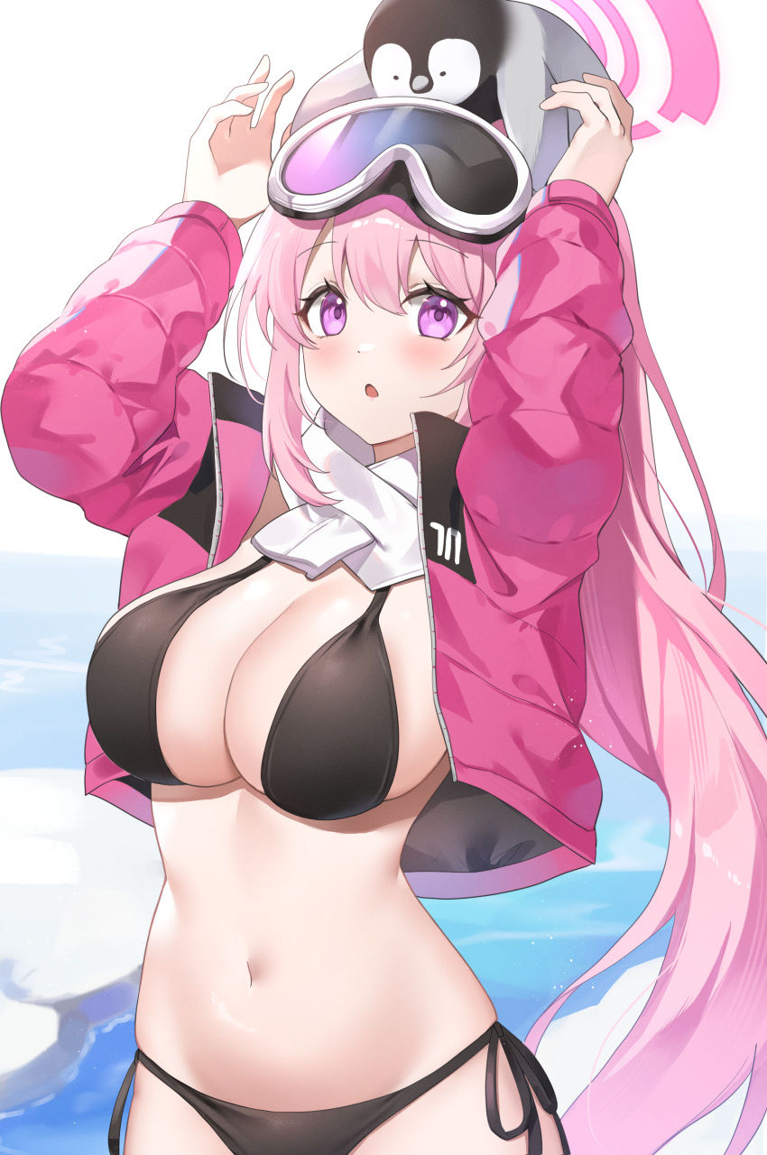 1girl absurdres blue_archive eimi_(blue_archive) eimi_(swimsuit)_(blue_archive) highres long_hair looking_at_viewer mingo0011 official_alternate_costume pink_eyes pink_hair ponytail solo tagme very_long_hair