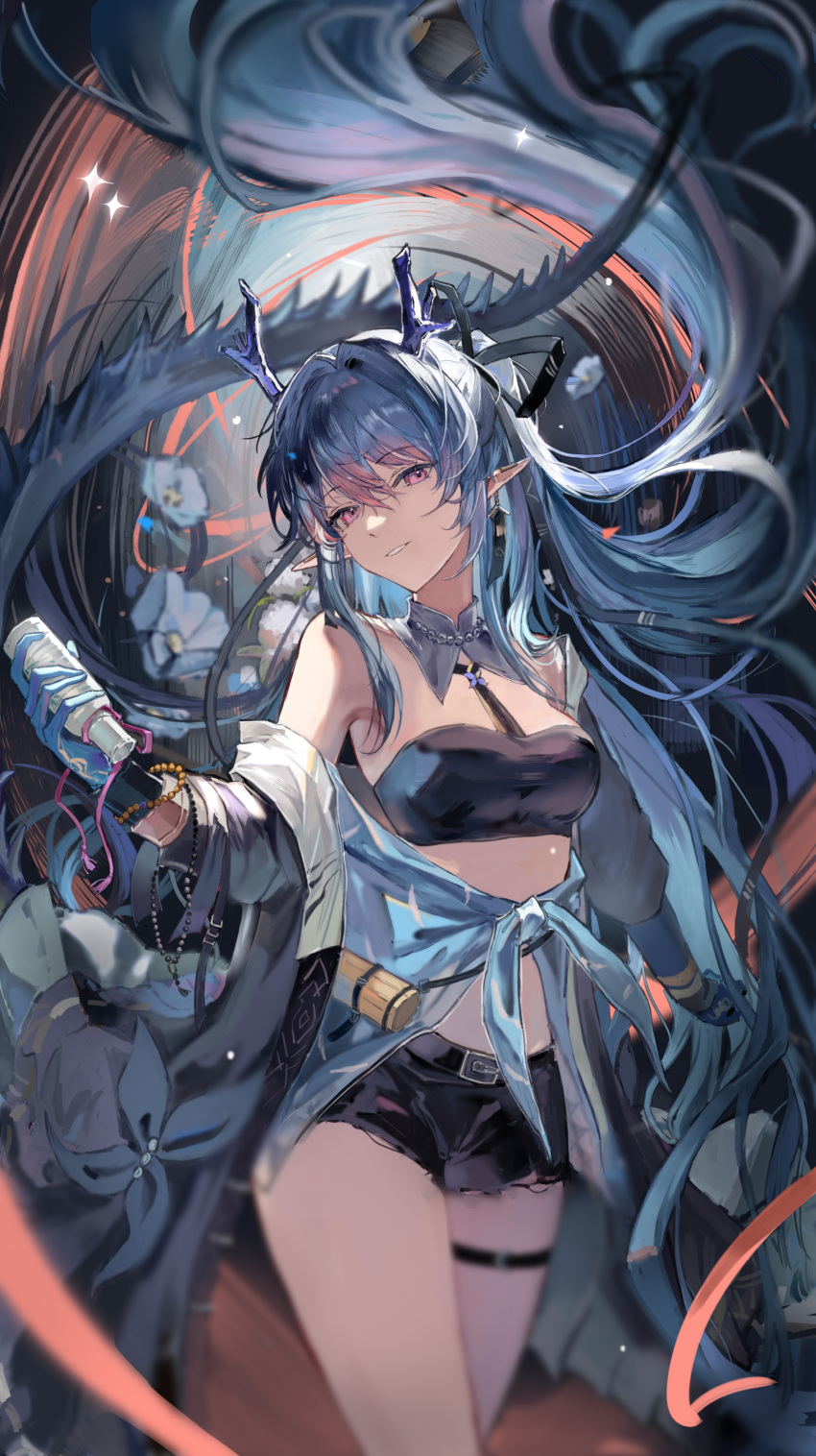 1girl abstract_background absurdres arknights armpits bandeau bare_shoulders black_background black_bandeau black_shorts blue_hair blue_jacket blue_skin bottle breasts colored_skin commentary detached_collar dragon_girl dragon_horns dragon_tail feet_out_of_frame highres holding holding_bottle horns jacket ling_(arknights) ling_(towering_is_cliff_of_nostalgia)_(arknights) long_hair looking_at_viewer medium_breasts official_alternate_costume pointy_ears purple_eyes shorts smile tail thigh_strap tied_jacket very_long_hair whoa_fuwa