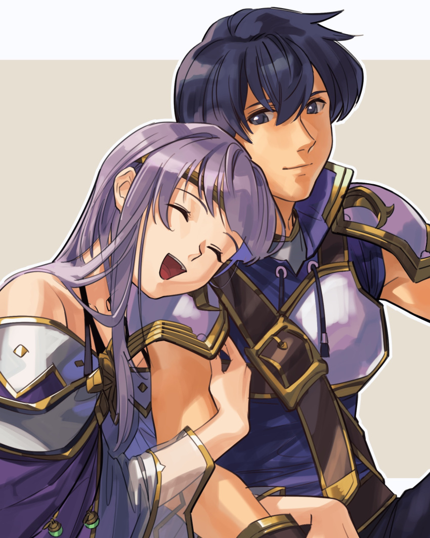 1boy 1girl a_(user_vtsy8742) arm_hug armor black_hair breastplate closed_eyes closed_mouth dress fire_emblem fire_emblem:_genealogy_of_the_holy_war highres hug julia_(fire_emblem) long_hair looking_at_another looking_to_the_side off_shoulder open_mouth pauldrons purple_dress purple_hair purple_shirt scathach_(fire_emblem) see-through see-through_sleeves shirt short_hair shoulder_armor sitting sleeveless sleeveless_shirt smile teeth upper_teeth_only