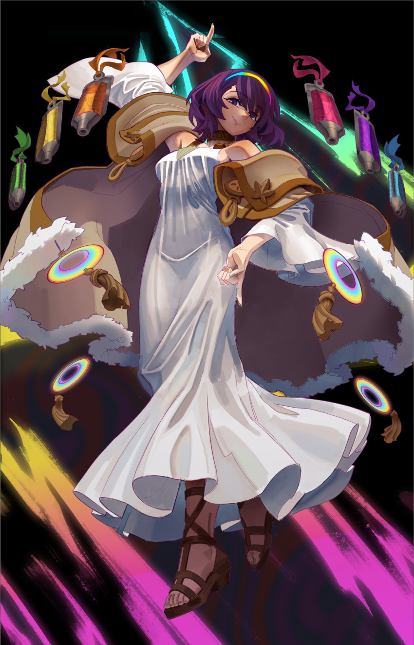 1girl absurdres bare_shoulders cloak cosplay dress green_hairband hairband highres multicolored_hairband multicolored_nails nezo paint paint_tube pointing pointing_up purple_eyes purple_hair rainbow ribbon sandals smile tenkyuu_chimata the_weather_painter_rainbow the_weather_painter_rainbow_(cosplay) touhou white_dress yu-gi-oh!