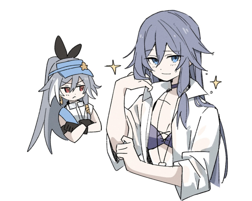 2girls alternate_costume blue_eyes blue_hair closed_mouth eyeliner fu_hua fu_hua_(herrscher_of_sentience) fu_hua_(ooh!_summer!)_(herrscher_of_sentience) grey_hair haigo_ti hair_between_eyes high_ponytail honkai_(series) honkai_impact_3rd long_hair low_ponytail makeup multicolored_hair multiple_girls official_alternate_costume on_head open_clothes open_shirt ponytail red_eyeliner red_eyes shirt simple_background streaked_hair swimsuit white_background white_hair white_shirt yellow_pupils