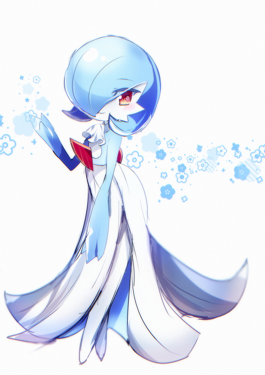 1boy absurdres alternate_color ascot blue_flower blue_hair blue_skin blush bob_cut chisen_maimai closed_mouth colored_skin commentary_request flower full_body gardevoir hair_over_one_eye hand_up happy highres looking_to_the_side male_focus multicolored_skin omega_symbol one_eye_covered otoko_no_ko pokemon pokemon_(creature) red_eyes shiny_pokemon short_hair smile solo standing symbol-shaped_pupils two-tone_skin white_ascot white_background white_skin