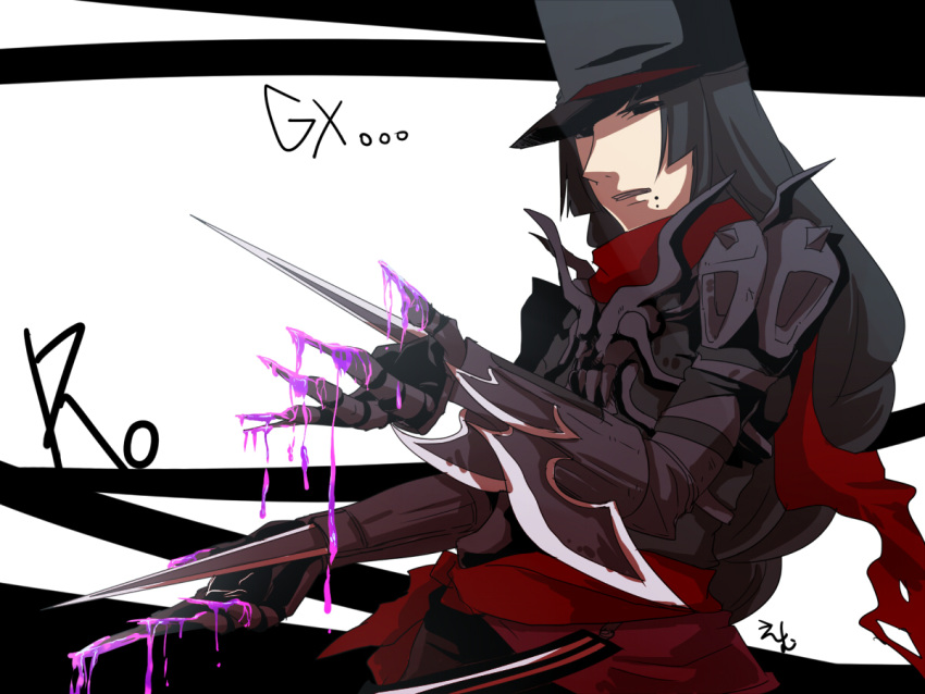 1boy arm_blade armor black_armor black_bodysuit black_eyes black_hair black_headwear blood blood_drip bodysuit braid braided_ponytail cape character_name clenched_teeth commentary_request copyright_name dripping_blood flowery_peko gauntlets guillotine_cross_(ragnarok_online) half-closed_eyes hat long_hair looking_at_viewer male_focus mole mole_under_mouth pauldrons purple_blood ragnarok_online red_cape red_scarf scarf shako_cap shoulder_armor solo teeth waist_cape weapon white_background