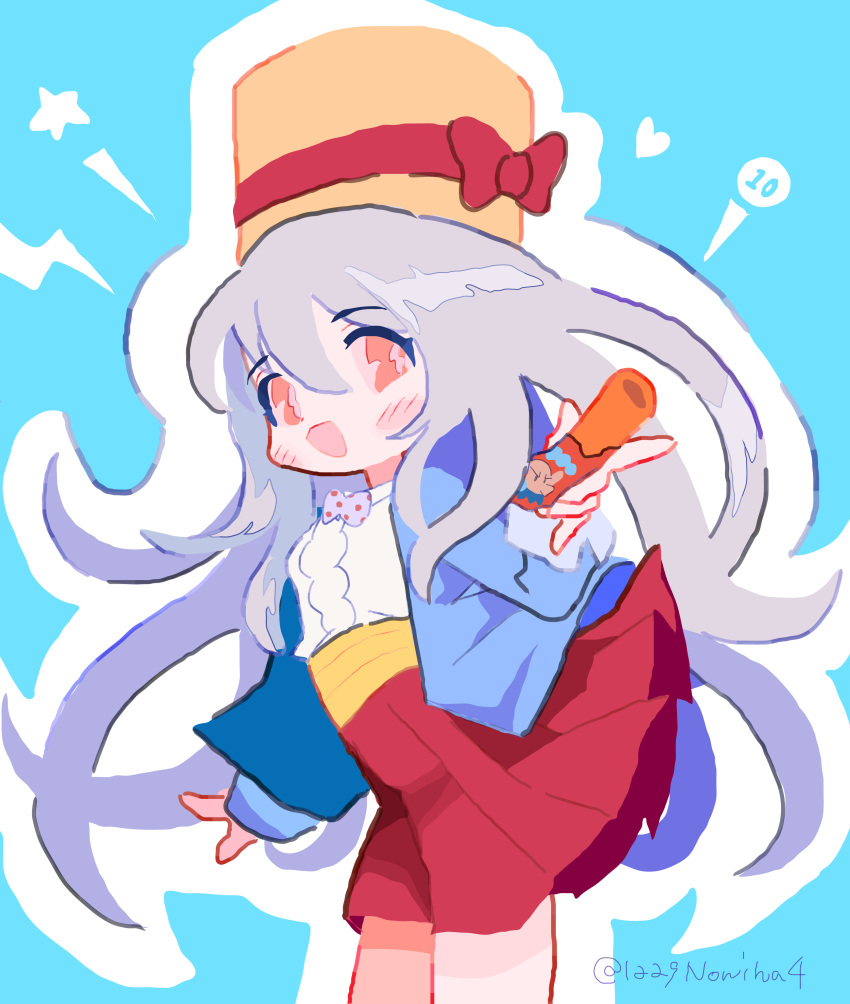 1girl :d absurdres blue_background blue_jacket blush bow bowtie center_frills commentary_request cowboy_shot food frills grey_hair hair_between_eyes hat hat_bow highres incoming_food jacket long_hair looking_at_viewer mascot noniha open_clothes open_jacket open_mouth orange_eyes pleated_skirt polka_dot polka_dot_bow polka_dot_bowtie red_bow red_skirt shirt skirt smile solo standing star_(symbol) umaibou umami-chan very_long_hair white_bow white_bowtie white_shirt yaokin