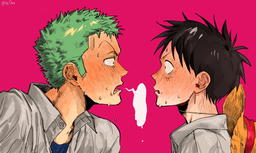 2boys black_eyes black_hair blank_speech_bubble blue_shirt blush couple face-to-face green_hair grey_shirt hat hat_on_back highres male_focus monkey_d._luffy multiple_boys nsozp one_piece pink_background profile roronoa_zoro scar scar_on_cheek scar_on_face shirt short_hair sideburns simple_background speech_bubble straw_hat sweat upper_body yaoi