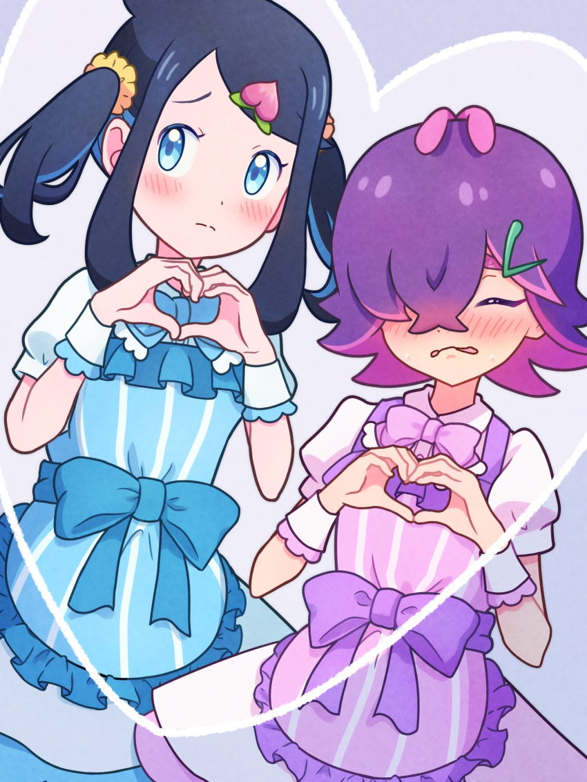 2girls apron black_hair blue_apron blue_bow blue_dress blue_eyes blush bow bowtie dot_(pokemon) dress embarrassed hair_ornament hair_over_one_eye hairclip heart heart_hands highres liko_(pokemon) long_hair medium_hair multiple_girls peach_hat_ornament pink_bow pink_dress pokemon pokemon_(anime) pokemon_horizons purple_apron purple_bow purple_hair short_sleeves standing twintails waiemu wrist_cuffs