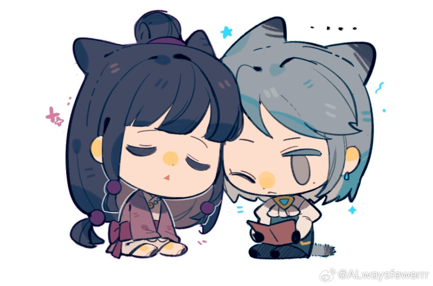 ... 2girls ;&lt; ace_attorney alwaysfewer. animal_ears ascot back_bow black_footwear black_hair black_pants black_vest blue_gemstone blush bow cat_ears cat_girl cat_tail chibi chinese_commentary closed_mouth commentary_request ear_blush earrings eyelashes franziska_von_karma frown gem grey_eyes grey_hair hair_bobbles hair_bun hair_ornament hands_on_lap haori jacket japanese_clothes jewelry juliet_sleeves kimono leaning_on_person long_hair long_sleeves low-tied_long_hair magatama magatama_necklace maya_fey medium_hair mole mole_under_eye multiple_girls necklace nose_blush notice_lines one_eye_closed open_clothes open_jacket open_mouth pants puffy_sleeves purple_bow purple_jacket purple_sleeves shirt shoes short_kimono simple_background single_hair_bun sleeping sleeves_past_wrists socks sparkle star_(symbol) striped striped_pants tail triangle_mouth vertical-striped_pants vertical_stripes vest watermark weibo_logo weibo_username white_ascot white_background white_kimono white_shirt white_sleeves white_socks wide_sleeves