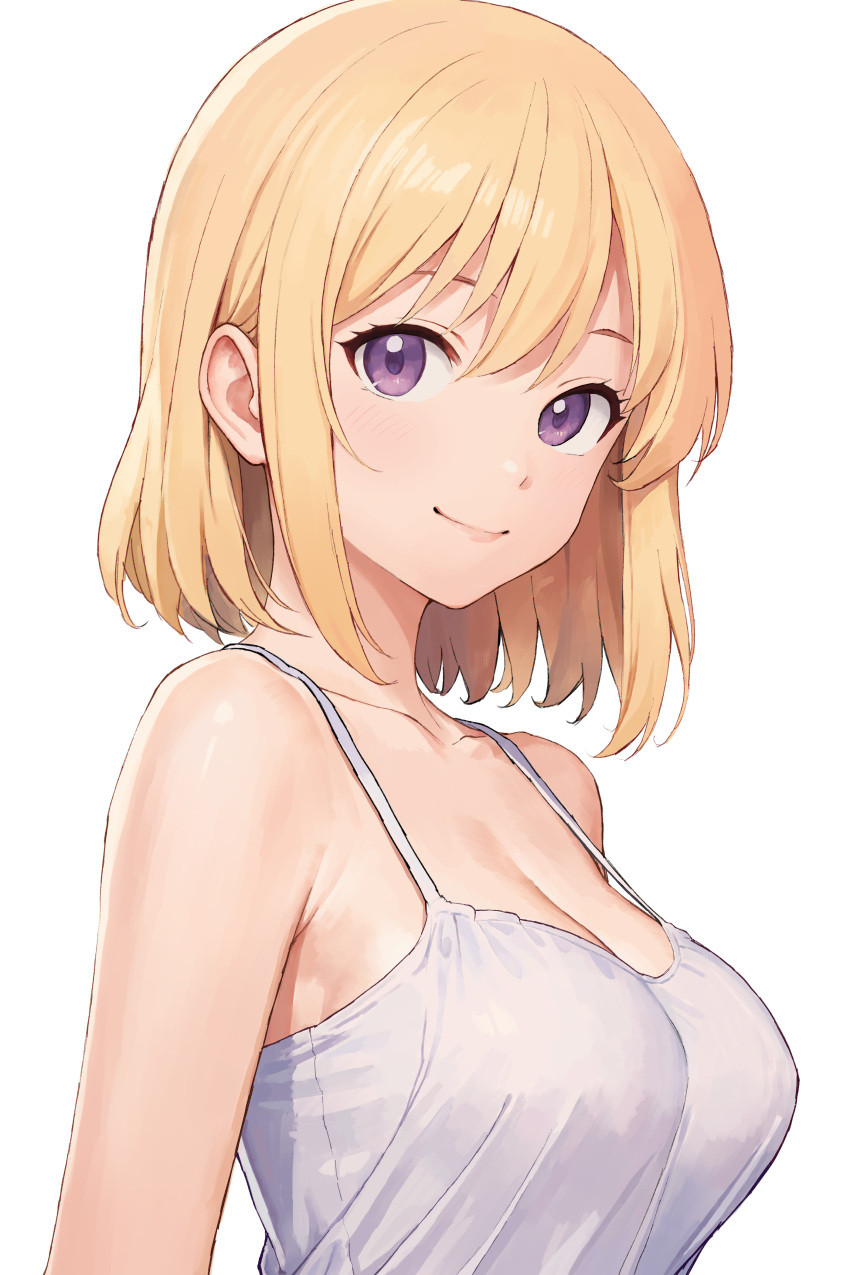 1girl absurdres armpit_crease bare_shoulders blonde_hair blush bob_cut breasts camisole cleavage collarbone hair_between_eyes highres light_smile looking_at_viewer medium_breasts medium_hair nagisa_(dnkr8823) original purple_eyes simple_background solo white_background white_camisole