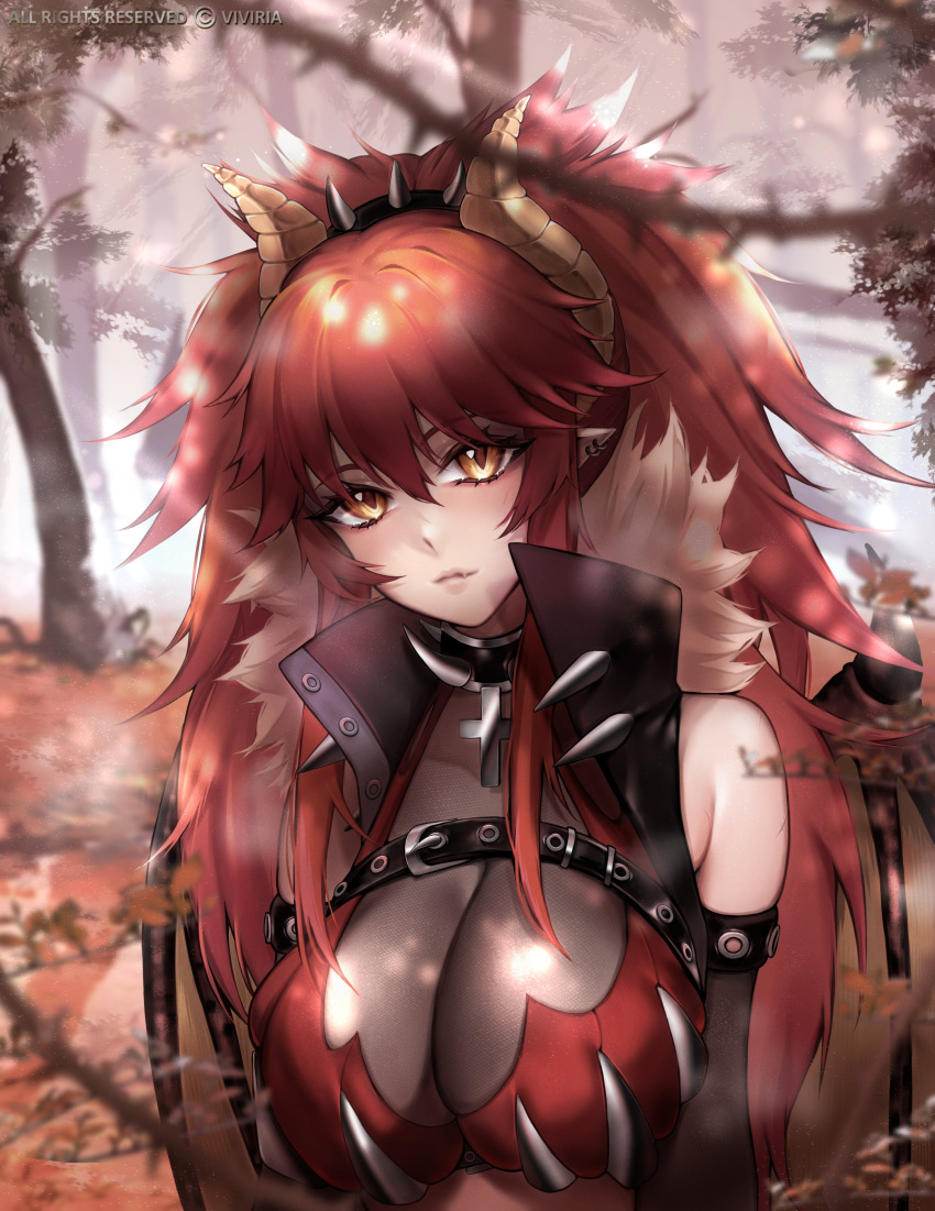 1girl absurdres black_vest breasts cropped_shirt dragon_girl dragon_horns dragon_wings highres horns large_breasts leather_vest long_hair looking_at_viewer pointy_ears red_shirt shirt sleeveless sleeveless_shirt slit_pupils solo tree vest virtual_youtuber viviria vshojo wings yellow_eyes zentreya zentreya_(dragon) zentreya_(dragon)_(1st_costume)