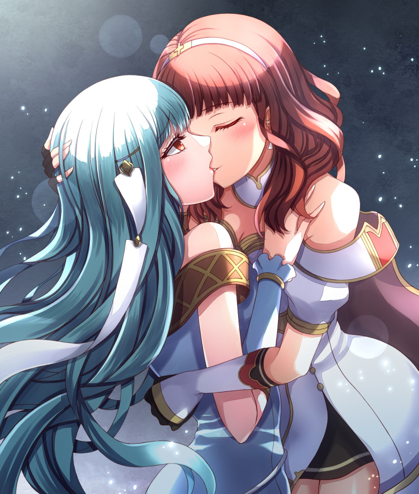 armor blue_dress blue_hair breastplate breasts cape celica_(fire_emblem) cleavage dancer dress fingerless_gloves fire_emblem fire_emblem:_the_blazing_blade fire_emblem_echoes:_shadows_of_valentia gloves highres kiss ninian_(fire_emblem) priestess princess red_eyes red_hair tiara yozu_(yozu0420) yuri