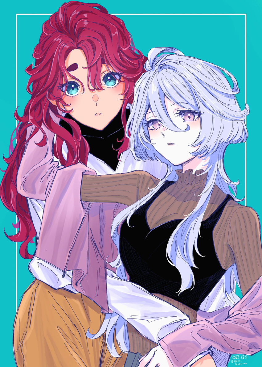 2girls ahoge blush breasts couple dated grey_hair gundam gundam_suisei_no_majo hair_between_eyes hair_down hair_undone highres long_hair long_sleeves looking_at_viewer miorine_rembran multiple_girls open_mouth red_hair simple_background suletta_mercury thick_eyebrows twitter_username white_hair wife_and_wife yuri yuri_kyanon