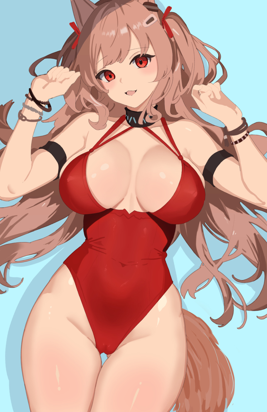 1girl absurdres alternate_hairstyle angelina_(arknights) angelina_(summer_flower)_(arknights) animal_ears arknights ass_visible_through_thighs binware black_collar bracelet breasts brown_eyes brown_hair casual_one-piece_swimsuit cleavage collar covered_nipples fox_ears fox_girl fox_tail hands_up highleg highleg_swimsuit highres infection_monitor_(arknights) jewelry long_hair looking_at_viewer necklace official_alternate_costume one-piece_swimsuit red_one-piece_swimsuit red_ribbon ribbon smile spaghetti_strap swimsuit tail two_side_up