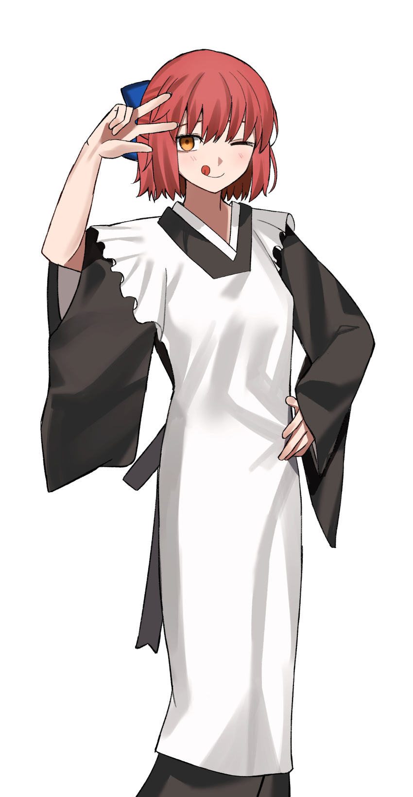 1girl ;q absurdres apron black_kimono blue_bow bow hair_bow half_updo hand_on_own_hip highres japanese_clothes kimono kohaku_(tsukihime) maid maid_apron musi_2nd one_eye_closed red_hair short_hair simple_background solo tongue tongue_out tsukihime w wa_maid white_apron white_background wide_sleeves yellow_eyes