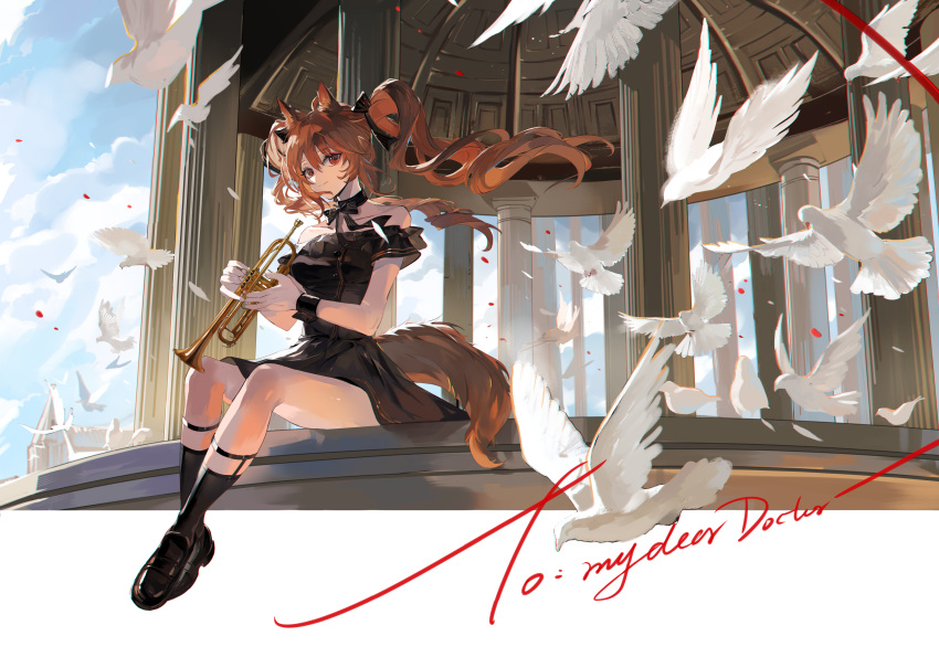 1girl absurdres alternate_costume angelina_(arknights) animal_ears ankle_socks arknights bare_shoulders bird black_bow black_bowtie black_dress black_footwear black_ribbon black_socks blue_sky bow bowtie brown_eyes brown_hair closed_mouth cloud commentary_request dress floating_hair fox_ears fox_girl fox_tail hair_ribbon highres holding holding_instrument holding_trumpet instrument long_hair looking_at_viewer meng_ziya outdoors ribbon short_dress sitting sky sleeveless sleeveless_dress smile socks solo tail trumpet twintails wrist_cuffs