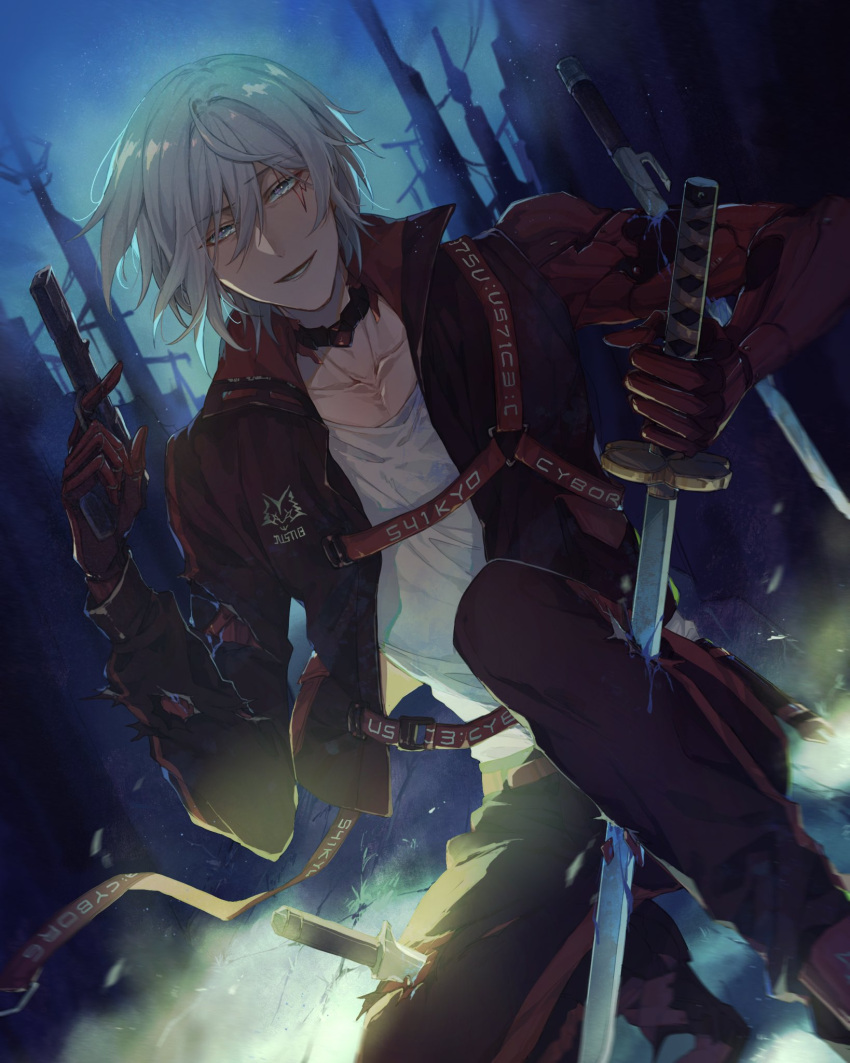 1boy asymmetrical_sleeves black_choker black_jacket black_pants choker dual_wielding facial_tattoo fulgur_ovid fulgur_ovid_(1st_costume) grey_eyes grey_hair gun hair_between_eyes highres holding holding_gun holding_sword holding_weapon jacket male_focus mechanical_arms nijisanji nijisanji_en pants red_jacket sakuraba_mu solo sword tank_top tattoo uneven_sleeves virtual_youtuber weapon white_tank_top