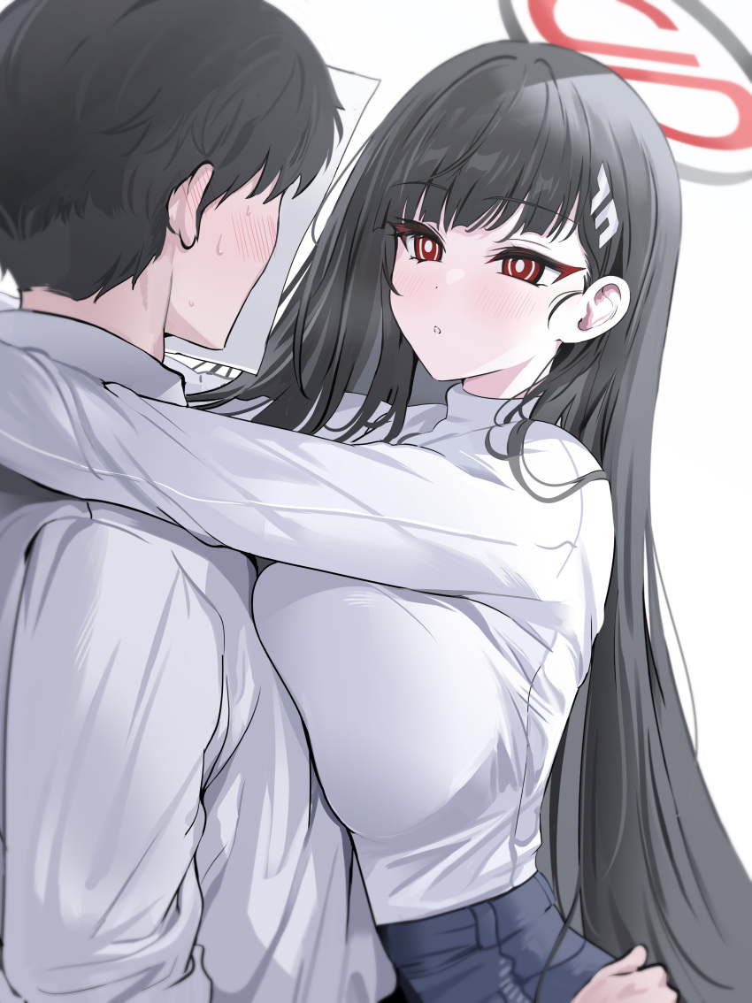 1boy 1girl :o absurdres black_hair blue_archive blush breast_press breasts breath facing_another halo hetero highres hug huge_breasts long_hair paper_on_head rio_(blue_archive) sensei_(blue_archive) shirt shirt_tucked_in short_hair simple_background straight_hair sweatdrop upper_body very_long_hair white_background white_shirt yuki_(asayuki101)