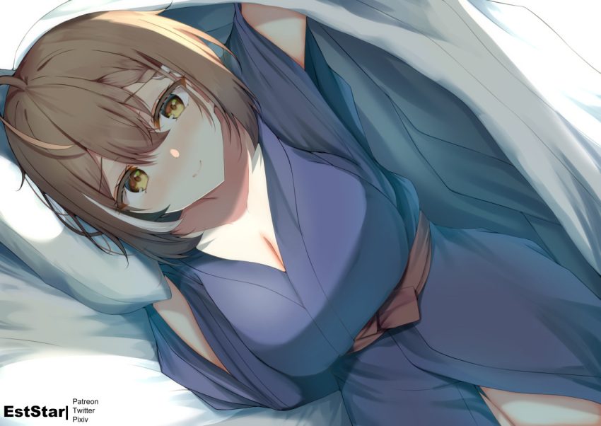 1girl aties20 blue_kimono blush breasts brown_eyes brown_hair closed_mouth commentary_request hair_between_eyes hololive hololive_english japanese_clothes kimono large_breasts long_sleeves looking_at_viewer lying nanashi_mumei on_side pillow smile solo under_covers virtual_youtuber wide_sleeves