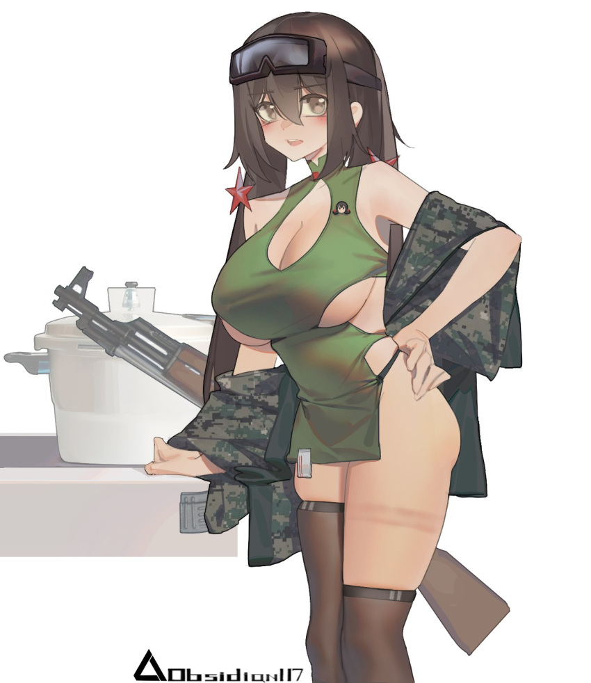 1girl artist_name assault_rifle asymmetrical_legwear blush breasts brown_eyes brown_hair camouflage camouflage_jacket cleavage cowboy_shot eyewear_on_head girls'_frontline goggles goggles_on_head gun hand_on_own_hip highres jacket kalashnikov_rifle large_breasts long_hair looking_at_viewer no_panties off_shoulder open_clothes open_jacket red_star rifle rosetta(obsidian117) solo star_(symbol) thighhighs type_56-1_(girls'_frontline) type_56-1_(mod3)_(girls'_frontline) type_56_assault_rifle weapon white_background