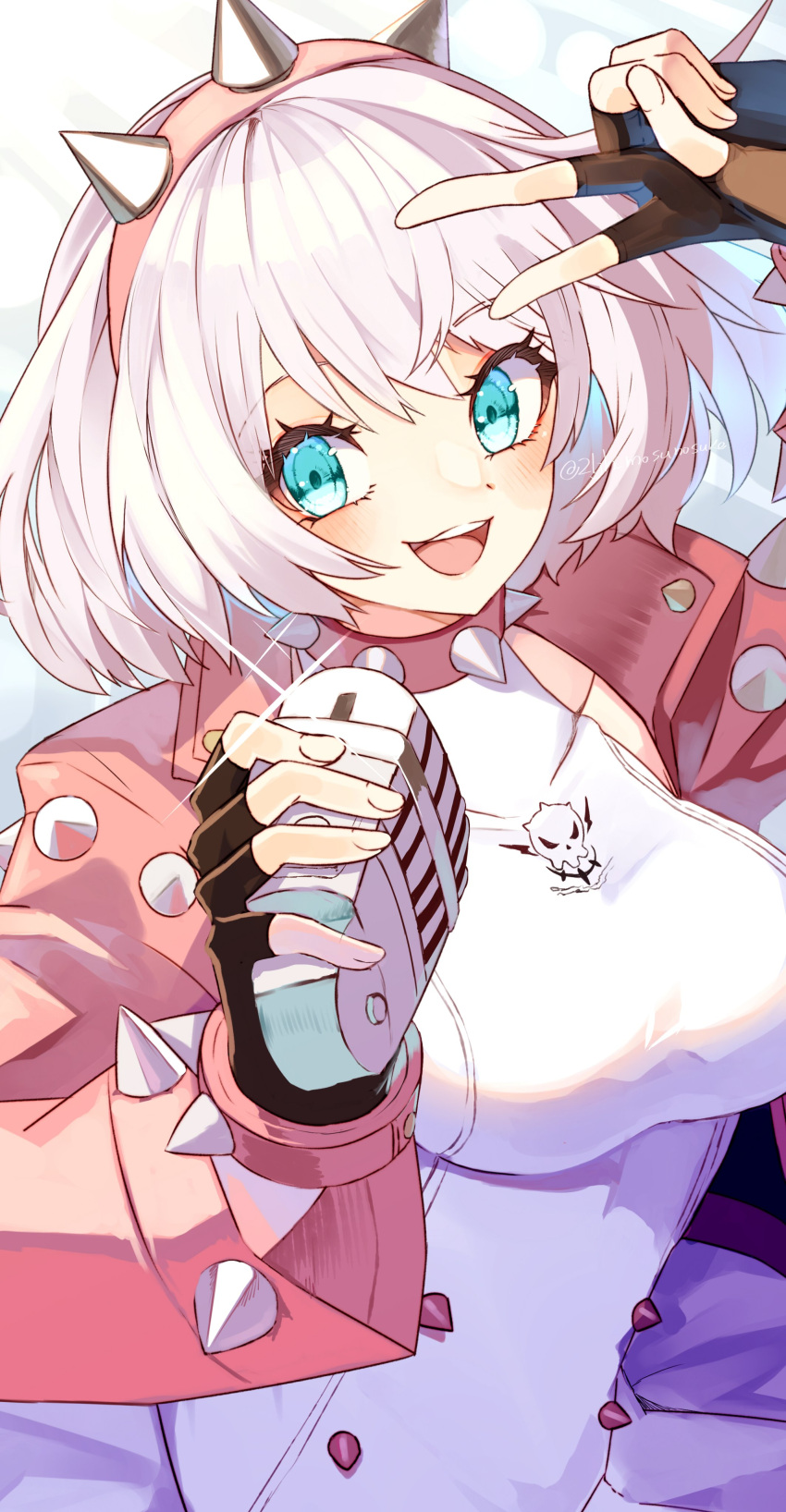 1girl absurdres black_gloves blue_eyes blush bracelet breasts collar dress elphelt_valentine elritta fingerless_gloves gloves guilty_gear guilty_gear_strive hairband highres holding holding_microphone jacket jewelry large_breasts long_sleeves looking_at_viewer microphone open_mouth pink_jacket short_hair skull_print smile spiked_bracelet spiked_collar spiked_hairband spikes v white_dress white_hair