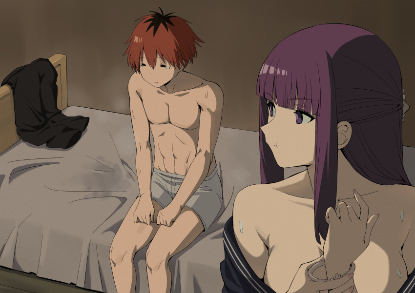 1boy 1girl :t abs absurdres anime_coloring bare_shoulders black_hair blunt_bangs breasts chen_yang_yang dress fern_(sousou_no_frieren) highres large_breasts long_hair multicolored_hair official_style pout purple_eyes purple_hair red_hair scolding short_hair sidelocks sousou_no_frieren stark_(sousou_no_frieren) straight_hair sweat underwear white_dress