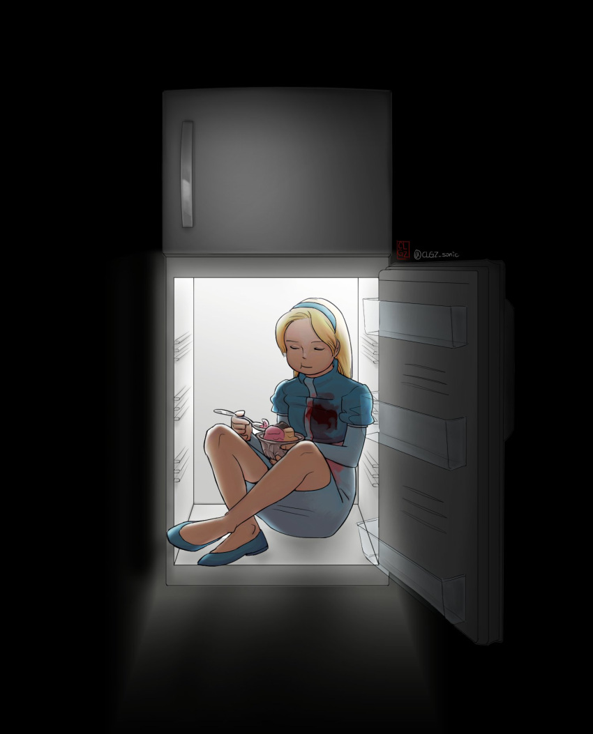 1girl black_background blonde_hair blood blood_on_clothes blue_dress blue_footwear blue_hairband clgz_sonic closed_eyes closed_mouth commentary dress eating english_commentary food full_body hairband highres holding holding_food holding_spoon ice_cream in_container in_refrigerator long_hair long_sleeves maria_robotnik refrigerator sitting solo sonic_(series) spoon twitter_username