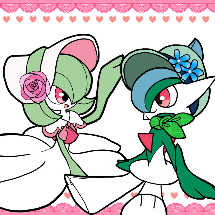 1boy 1girl arm_up arms_at_sides bandana blue_flower blue_hair bob_cut bonnet cabbie_hat capelet chibi closed_mouth clothed_pokemon colored_skin commentary_request eye_contact flat_chest flat_color flower from_side gallade gardevoir gardevoir_(fashionable) green_bandana green_hair green_headwear green_skin hair_over_one_eye happy hat hat_flower heart looking_at_another mohawk monya multicolored_hair multicolored_skin one_eye_covered open_mouth partial_commentary pink_flower pink_rose pink_trim pokemon pokemon_(creature) pokemon_unite red_eyes rose short_hair sitting smile two-tone_hair two-tone_skin white_background white_capelet white_headwear white_skin