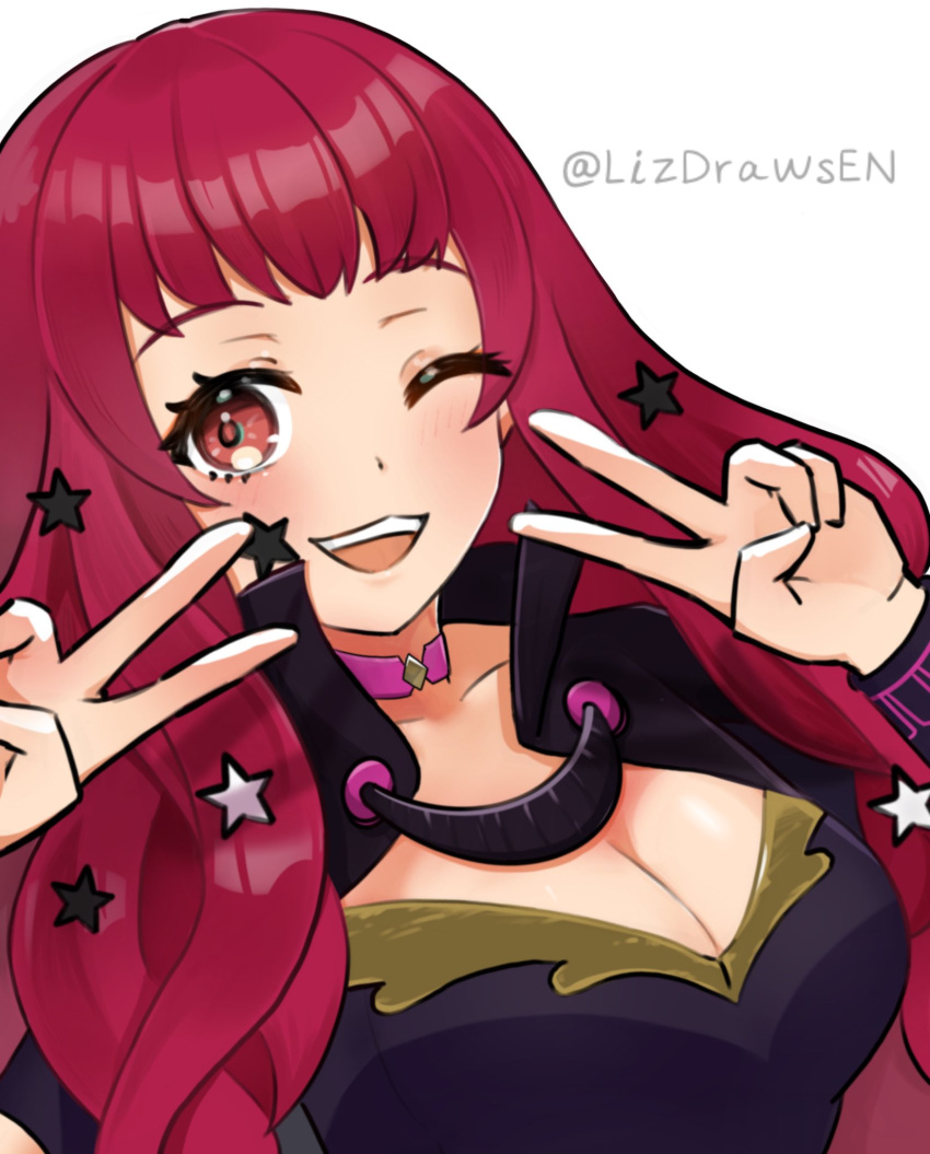 black_cape bodysuit breasts cape choker facial_mark fire_emblem fire_emblem_engage hair_ornament highres large_breasts lizdrawsen open_mouth pink_choker purple_bodysuit red_hair star_(symbol) star_facial_mark star_hair_ornament teeth upper_body upper_teeth_only v yunaka_(fire_emblem)