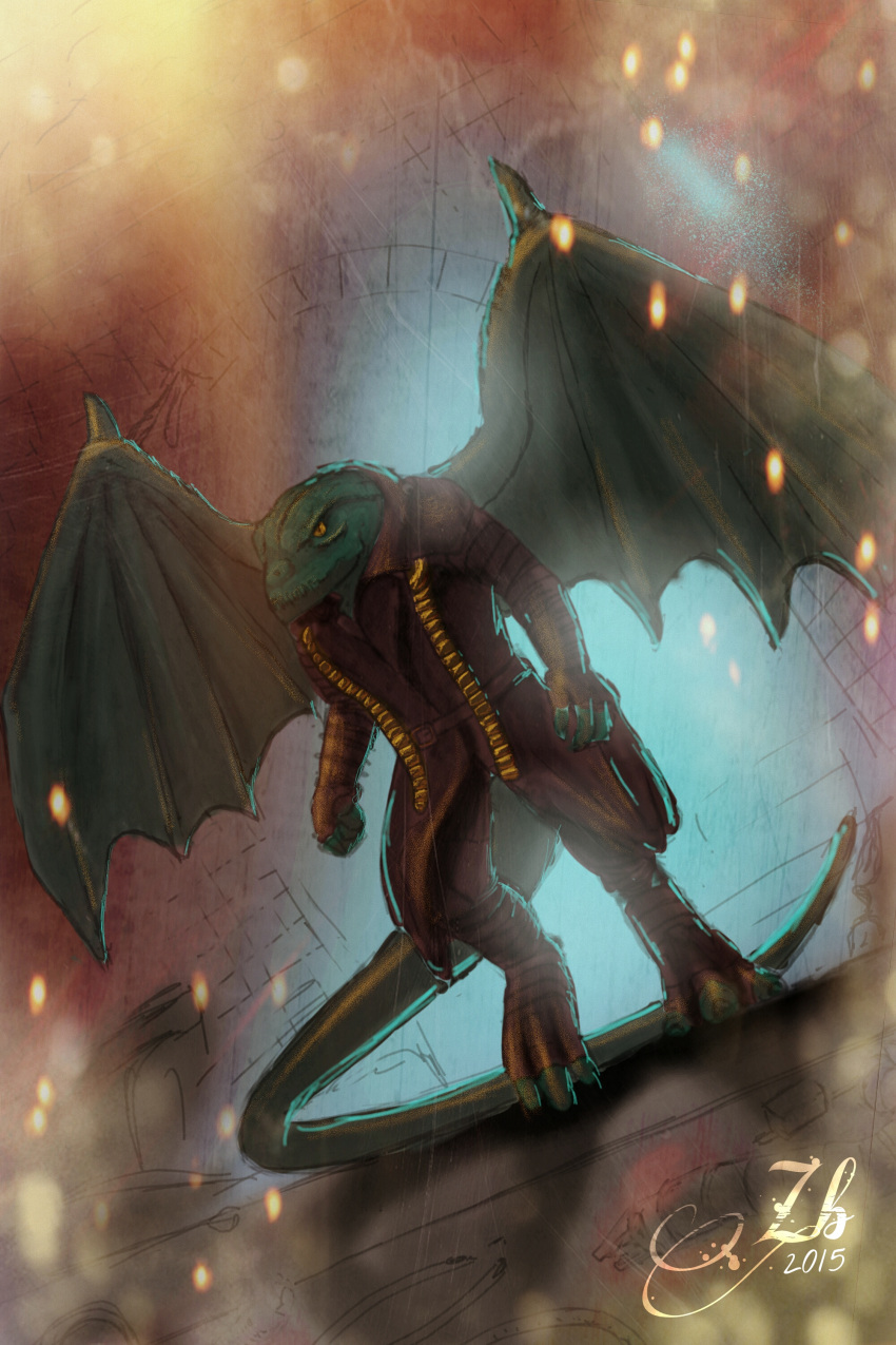 2015 absurd_res anthro clothed clothing green_body green_scales hi_res jupiter_ascending male sargorn scales scalie signature solo sparks tskalikin wings zheymross_blu