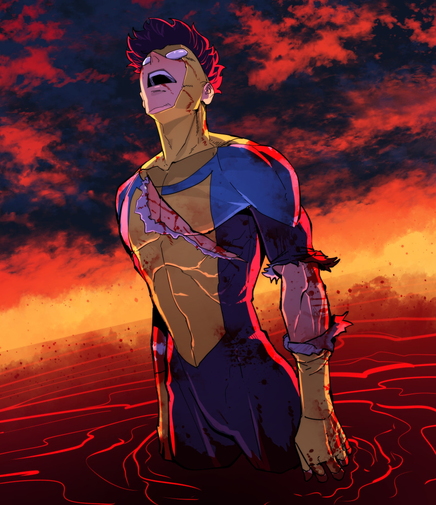 1boy absurdres black_bodysuit black_hair blood blood_on_clothes blood_on_face blood_on_hands blue_bodysuit bodysuit commentary english_commentary highres invincible_(character) invincible_(series) looking_up male_focus mark_grayson multicolored_bodysuit multicolored_clothes open_mouth pool_of_blood short_hair solo superhero teeth thirdphp toned toned_male torn_bodysuit torn_clothes yellow_bodysuit