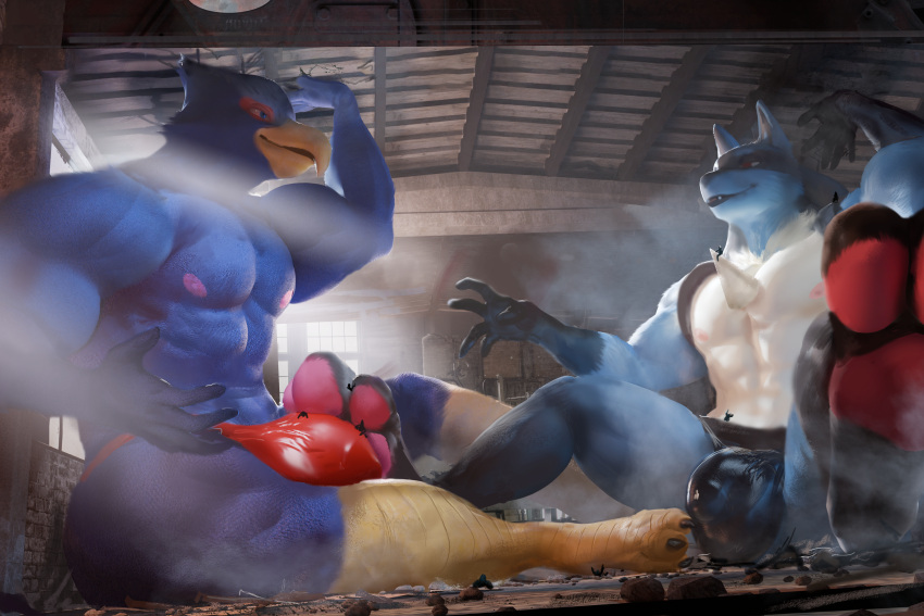 absurd_res anthro avian bird blue_body blue_fur bulge canid canine clothing duo falco_lombardi foot_on_bulge fur generation_4_pokemon growth hi_res inside lucario macro male male/male mammal nintendo pokemon pokemon_(species) spectrumshift speedo spikes spikes_(anatomy) star_fox swimwear worship