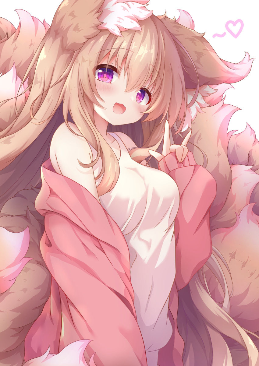 1girl :3 :d \m/ absurdres animal_ear_fluff animal_ears blush breasts fox_ears fox_girl fox_tail hair_between_eyes head_tilt highres jacket komuginyan light_brown_hair long_bangs looking_at_viewer medium_breasts multiple_tails off_shoulder original pink_jacket purple_eyes smile solo tail tank_top white_tank_top